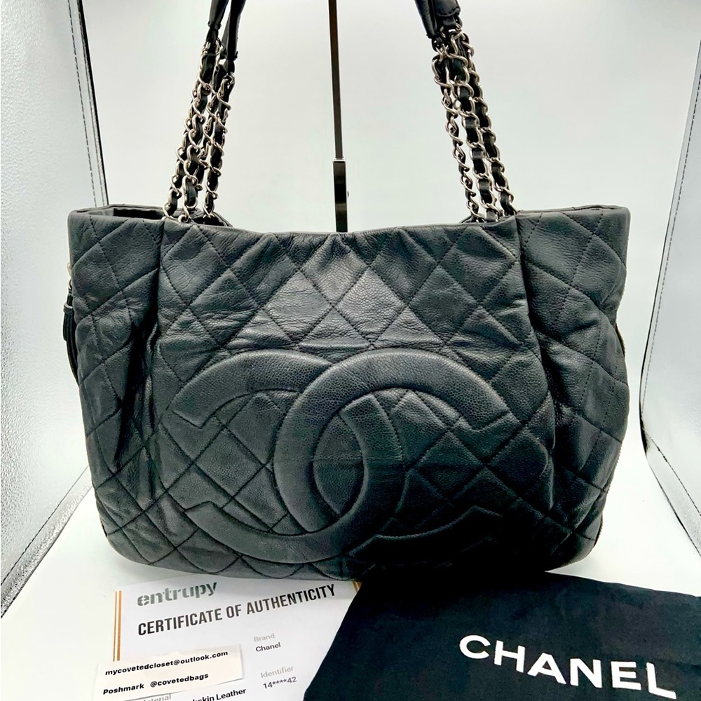 CHANEL CC Zip Out Quilted Tote Bag Silver Hardware w/Dust Bag and Entrupy COA